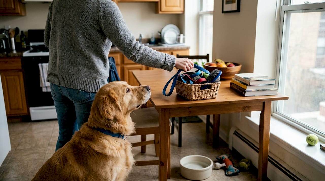 Собственик избира аксесоари за домашния си любимец, докато кучето му стои до него и любопитно наблюдава.