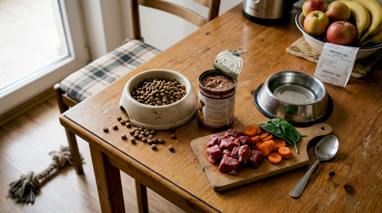 Разнообразие от кучешка храна, подредена на масата