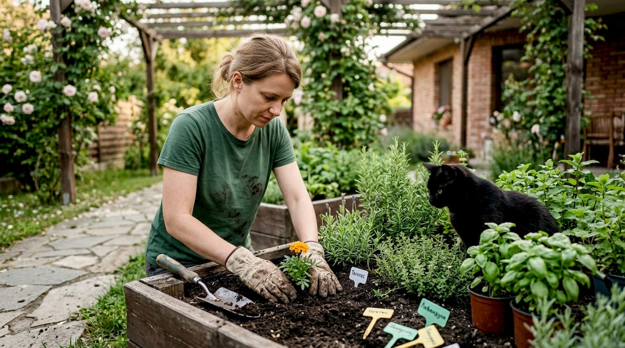 Докато засажда растения, които са безопасни за домашни любимци, жената е придружена от своята котка, която любопитно обикаля наоколо.