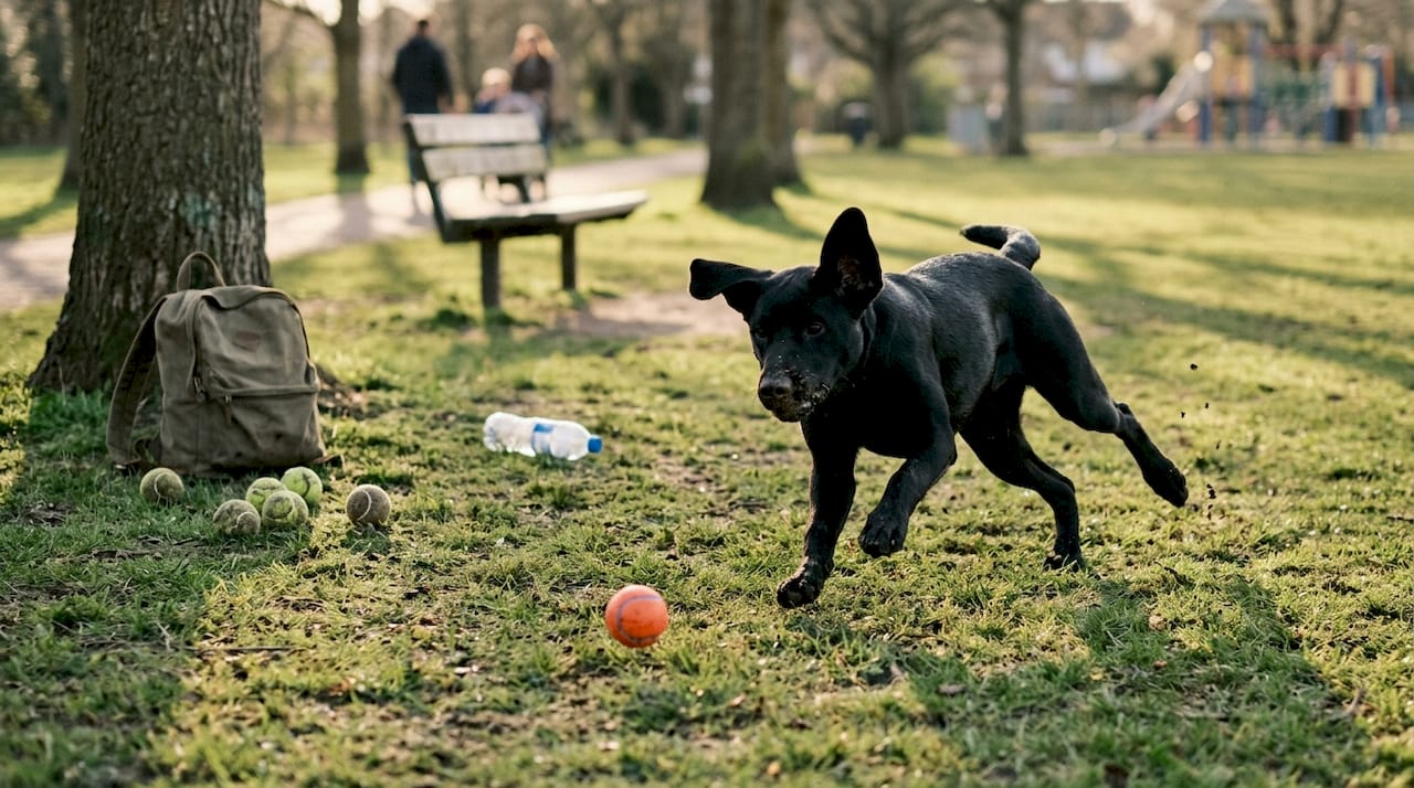 Куче весело тича след топка в слънчевия парк.
