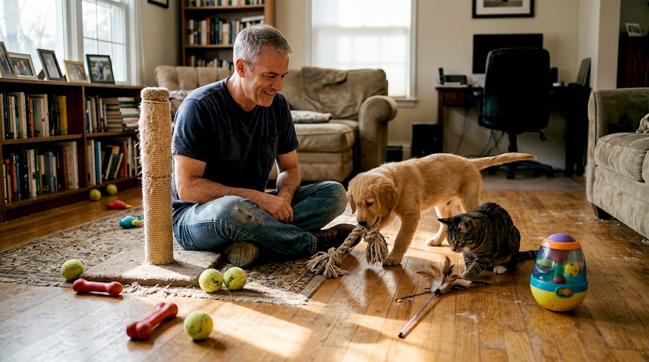 Домашните любимци се забавляват с различни играчки, които ги стимулират и ангажират.
