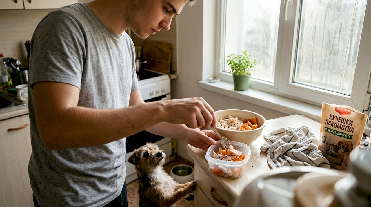 Стопанинът готви домашни лакомства за кучето си в кухнята.