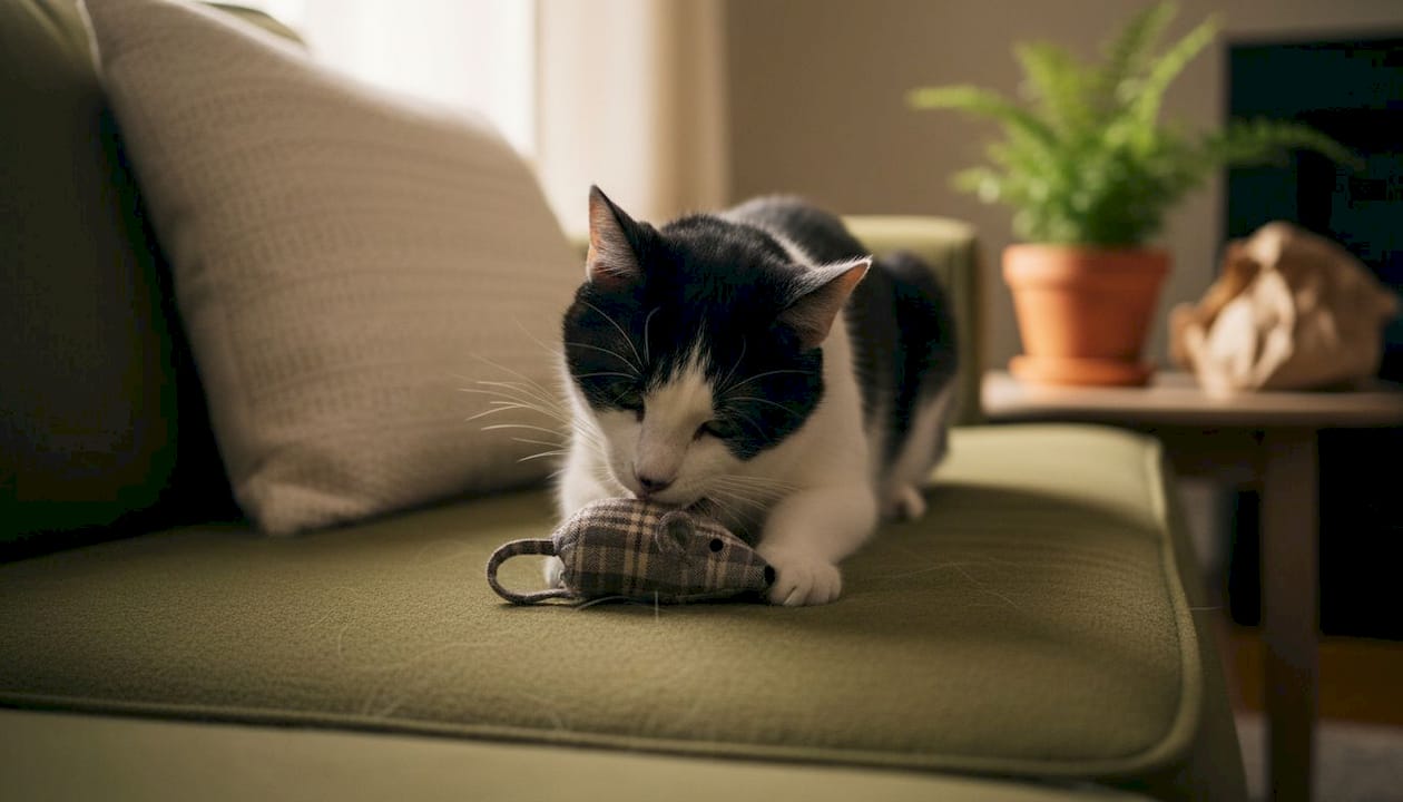 Котката любопитно разглежда новата си играчка с котешка мента на дивана.