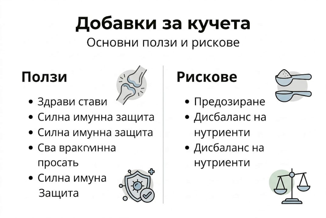 Инфографика: Какви са ползите и потенциалните рискове при даването на хранителни добавки за кучета