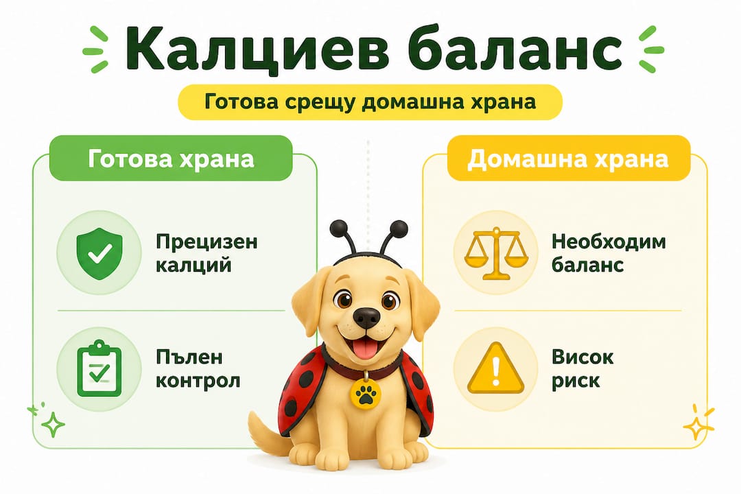 Инфографика: Сравнение на съдържанието на калций в готова и домашно приготвена храна за кучета