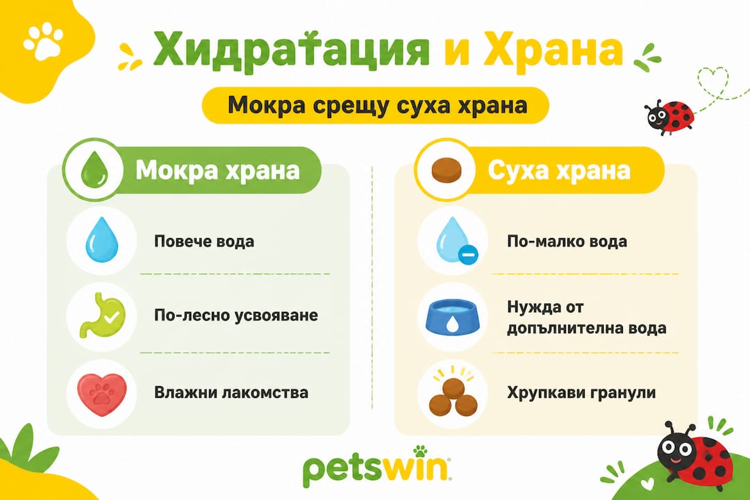 Инфографика: Каква е разликата в съдържанието на вода между сухата и мократа храна за домашни любимци?