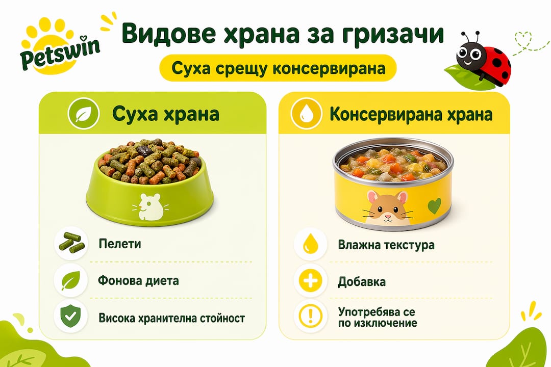 В тази инфографика ще видите основните разлики между сухата и консервираната храна за гризачи.