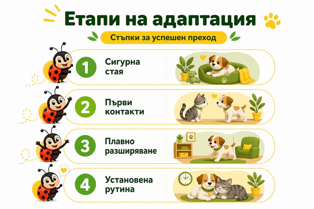 Инфографика, която представя четирите основни етапа на адаптация при котките