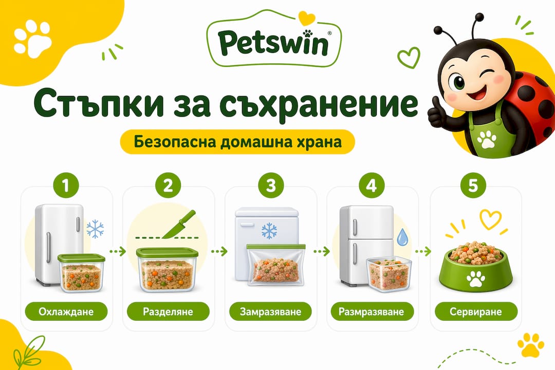 Инфографика с важни стъпки за правилно съхранение на домашно приготвена храна за домашни любимци