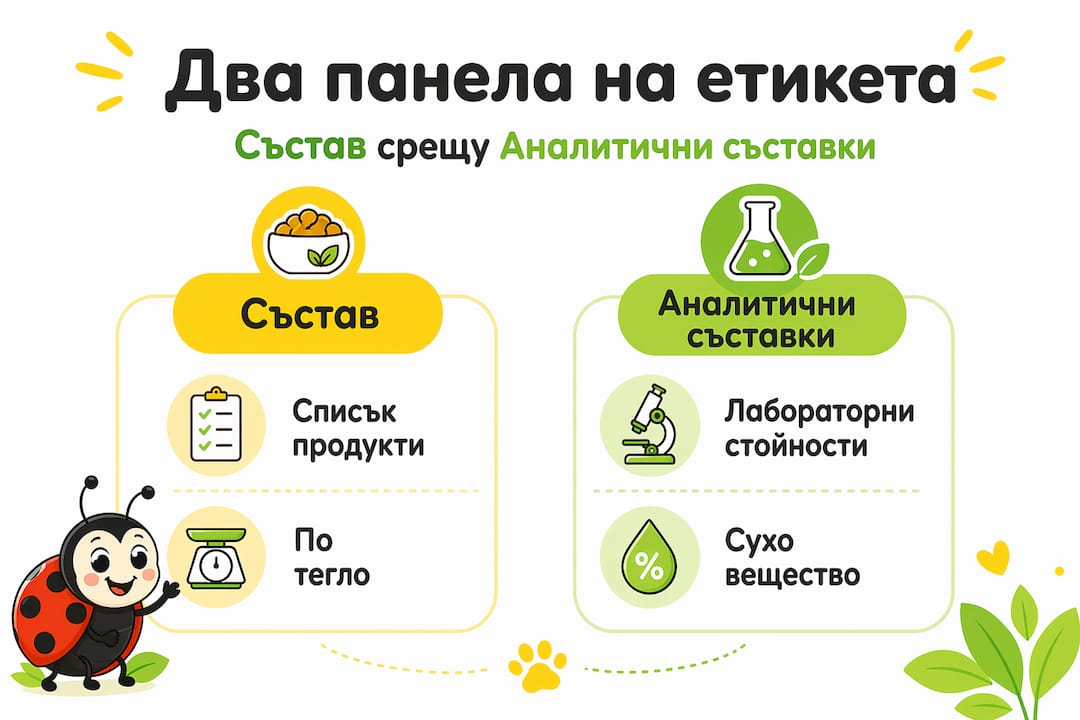 Инфографика, която сравнява състава на различни храни за домашни любимци и анализира основните им показатели