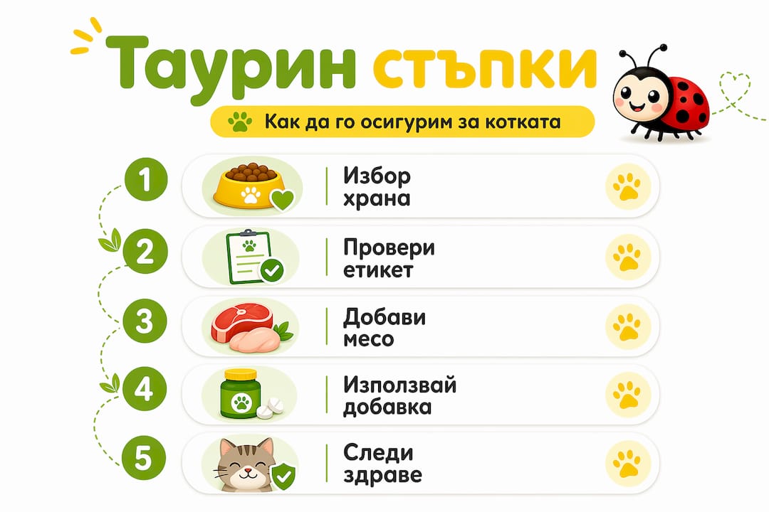 Вертикална инфографика: пет основни стъпки за осигуряване на таурин при котките
