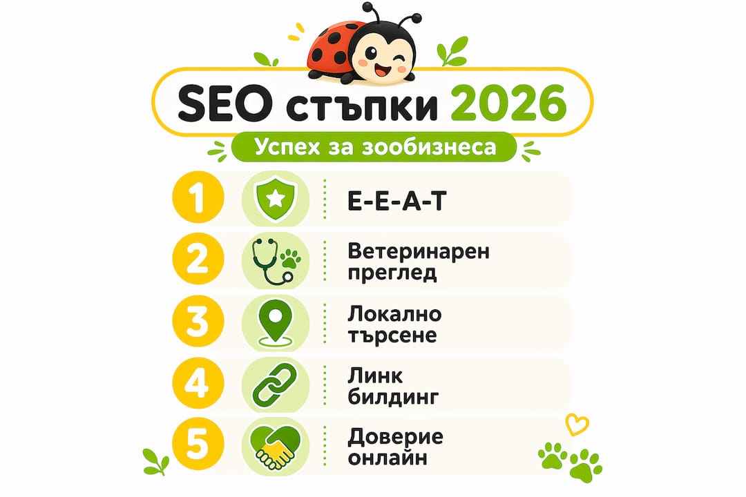 Инфографиката представя основните стъпки за успешно SEO оптимизиране на бизнеси, свързани с домашни любимци.