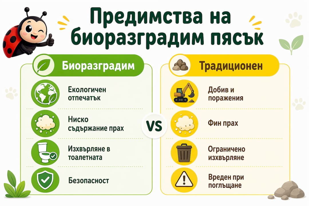 Инфографика, която показва разликите и предимствата между екологичен биоразградим котешки пясък и обикновен пясък за котки.