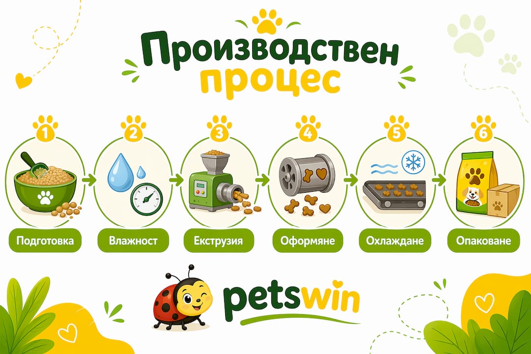 Илюстрация, която нагледно представя стъпките при производството на пелетирана храна
