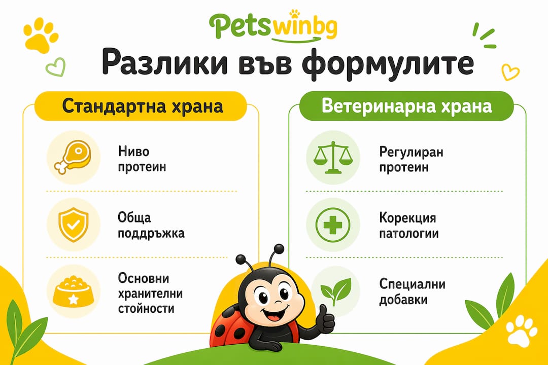 В инфографиката ще откриете ясно сравнение между лечебните и обикновените храни за домашни любимци.