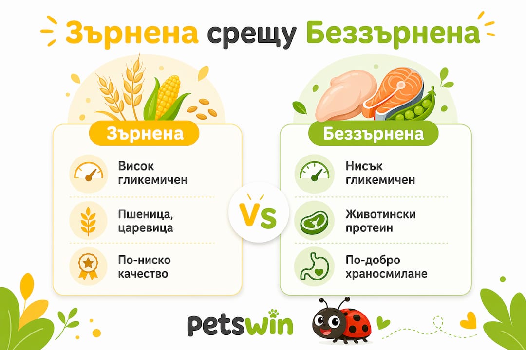 Инфографиката показва разликите между храни със зърнени съставки и такива без зърнени продукти.