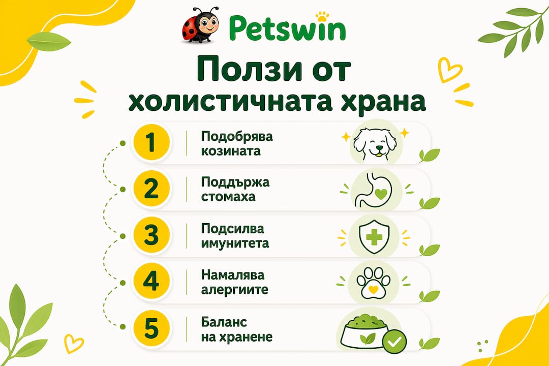 Визуално представяне на основните предимства от избора на холистична храна за вашия домашен любимец