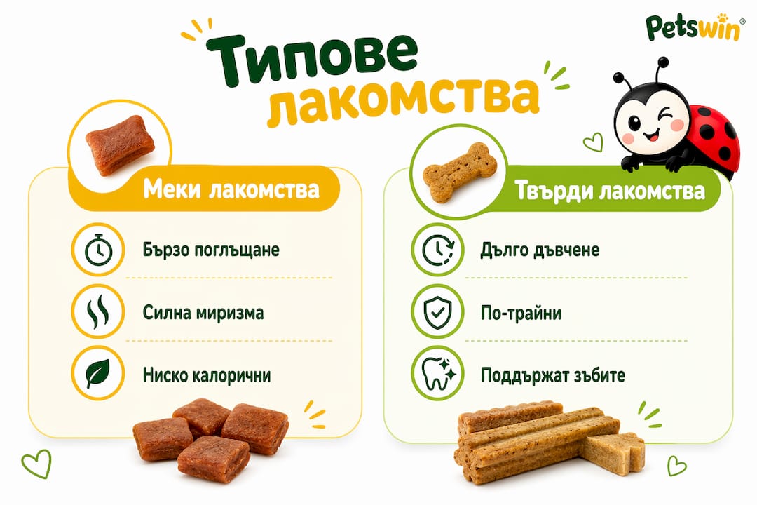 Инфографика представя разликите между меките и твърдите лакомства, които използваме при обучението на кучета.