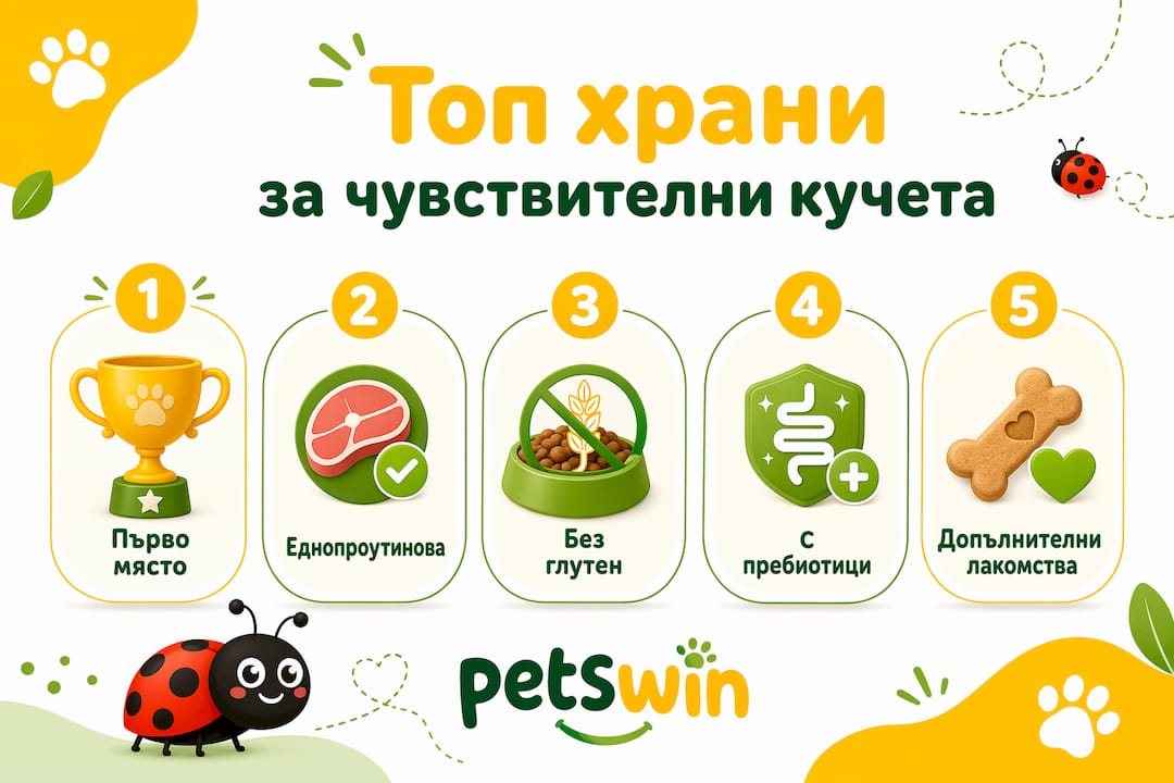 Инфографика с топ храни, препоръчани за кучета с чувствителен стомах