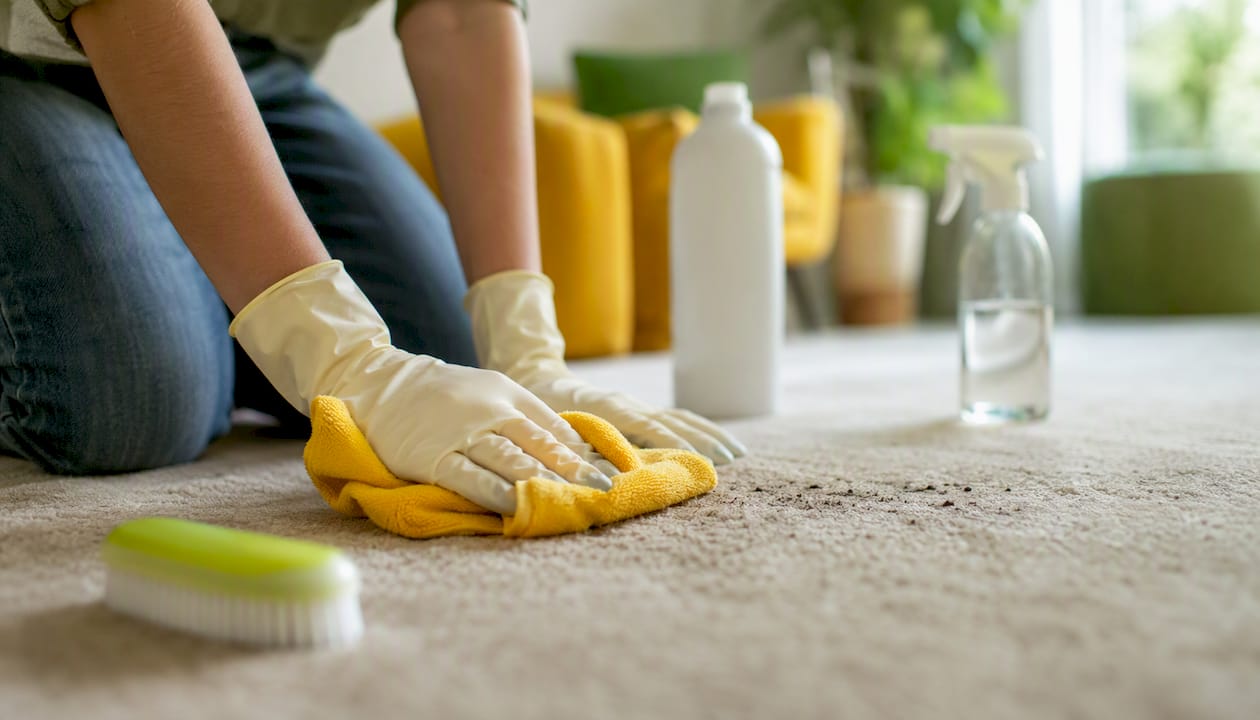 Чифт ръце внимателно почиства петно върху килима с кърпа и препарат.