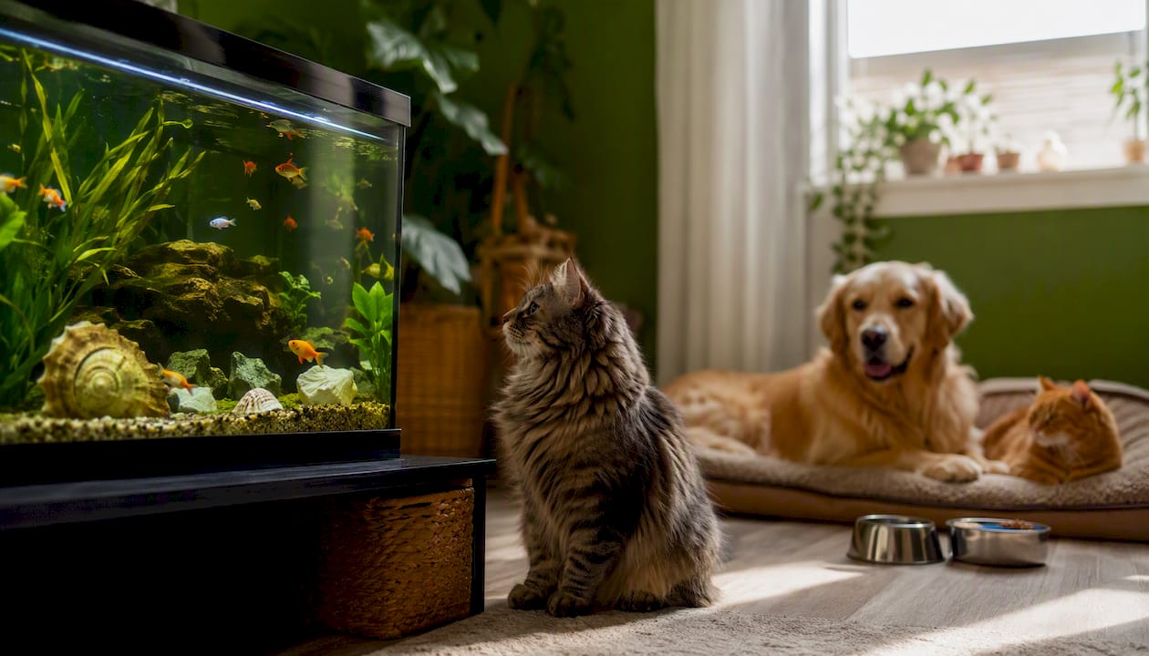 Куче, котка и аквариумни рибки, събрани около купичките си за храна.
