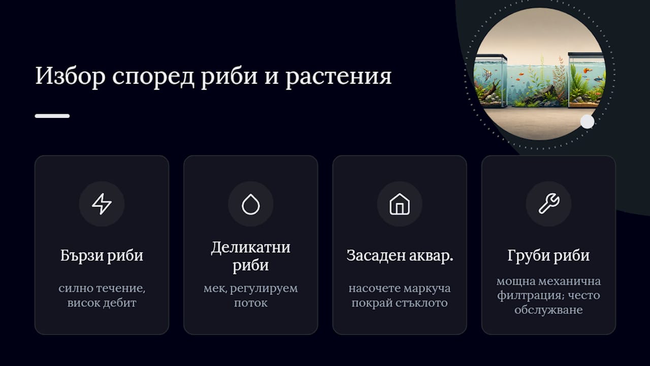 Как да изберете филтър според рибите и растенията — overview diagram