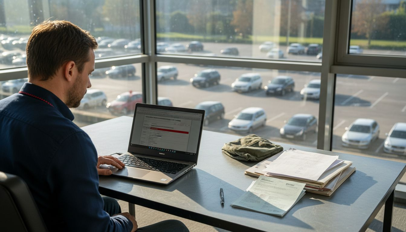 Ein Mann sitzt am Schreibtisch und prüft die Fahrzeugdaten auf seinem Computer.