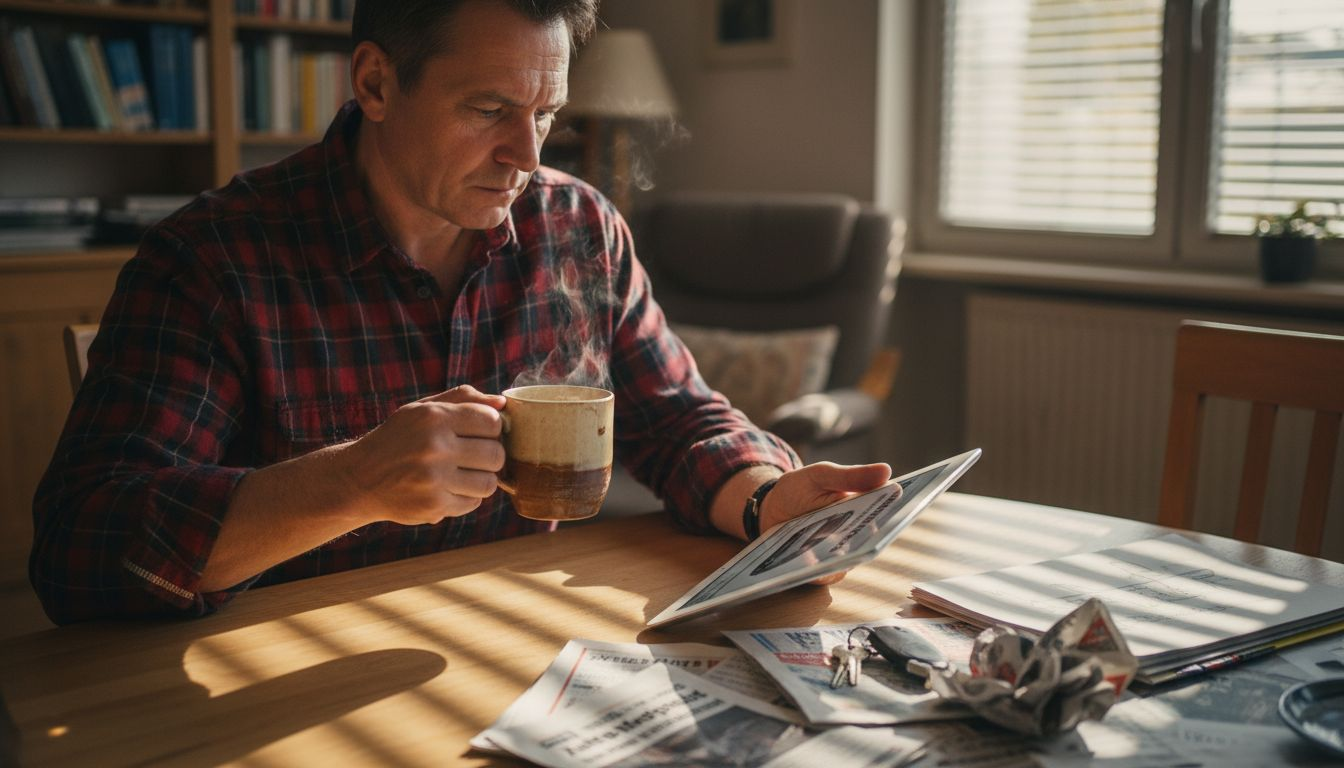 Ein Mann stöbert gemütlich von zu Hause aus auf Online-Plattformen nach passenden Fahrzeugen.