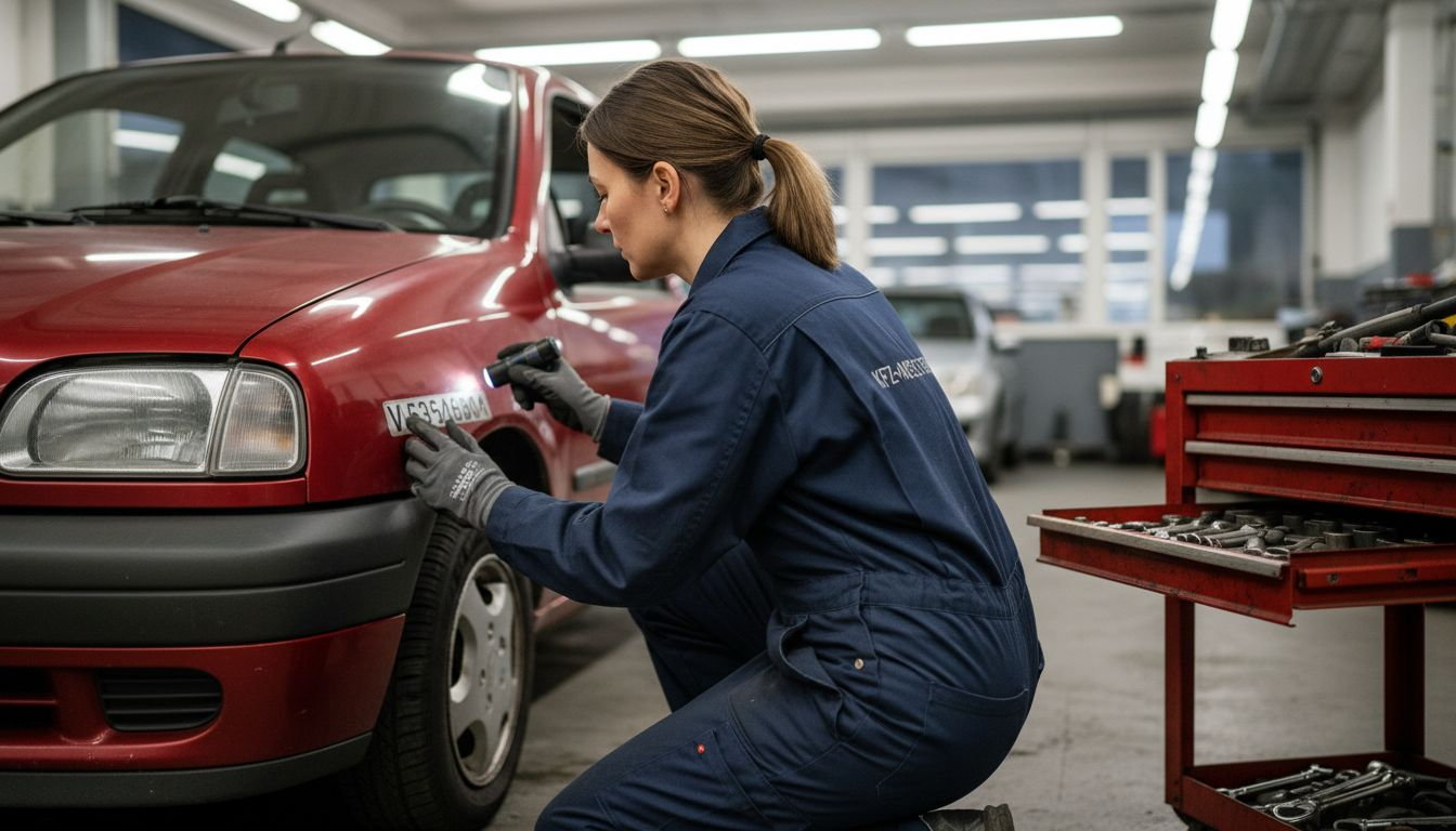 Eine Kfz - Mechatronikerin führt einen Sicherheitscheck am Auto durch.