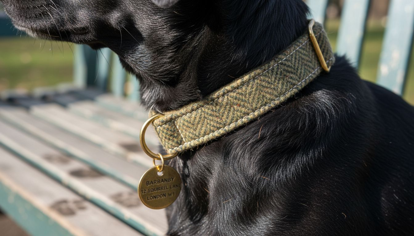 Close-up Harris Tweed dog collar detail