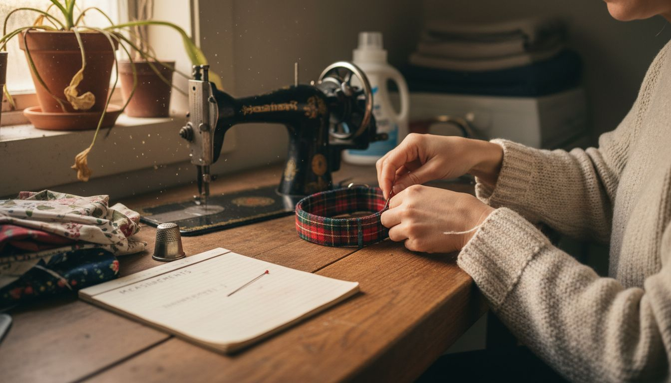 Hands sewing tartan dog collar with fabrics and pins