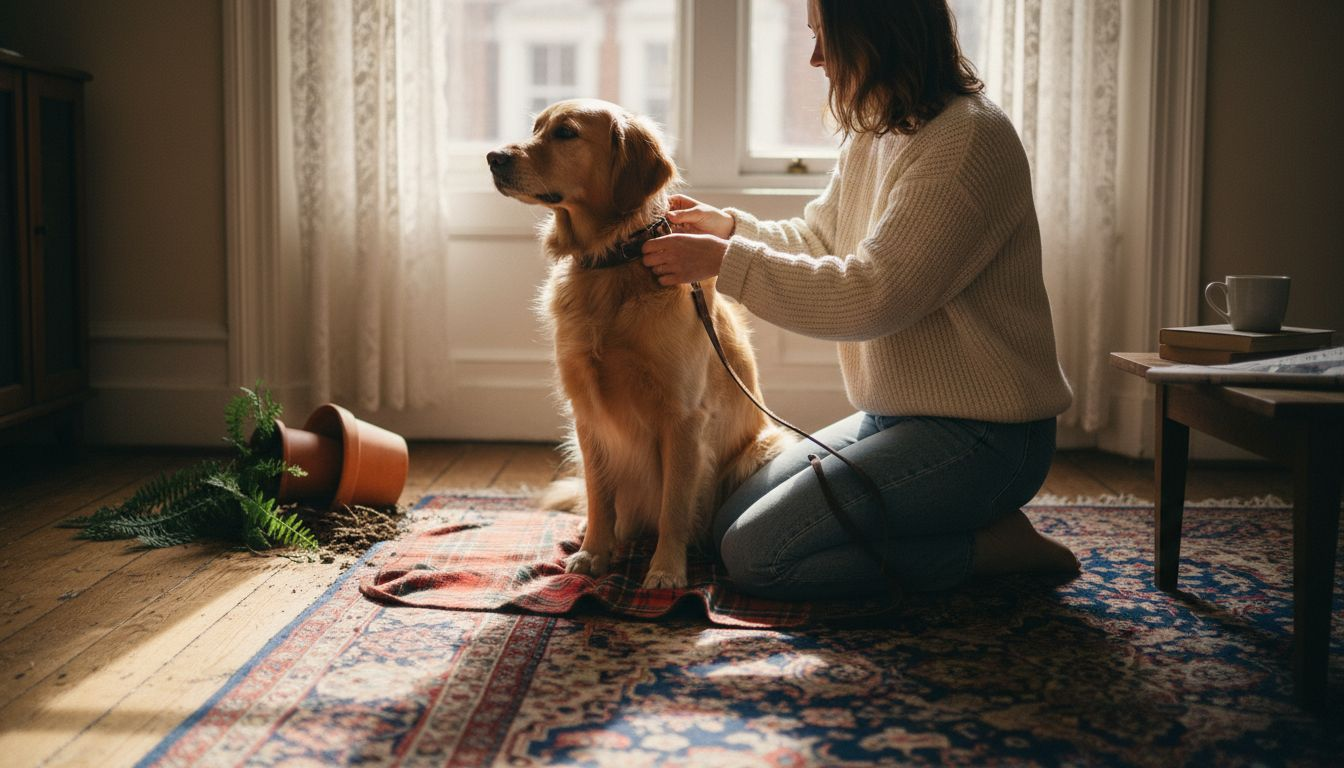 Dog wearing tartan collar with owner
