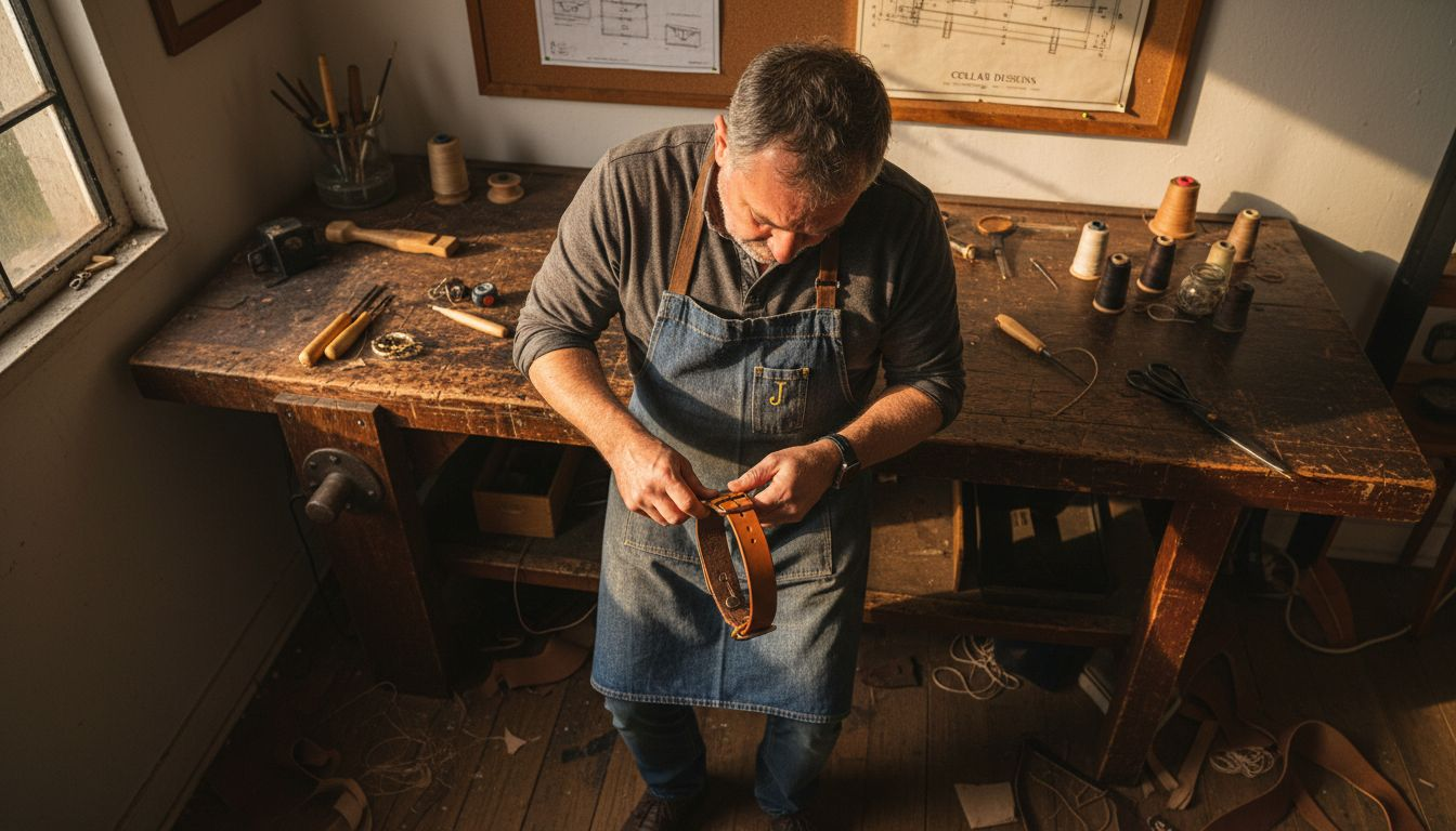 Artisan hand-stitching leather dog collar