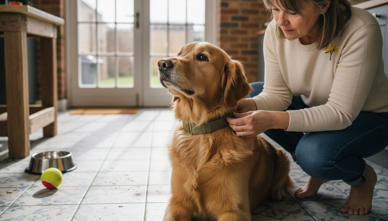 Dog owner checks collar fit with two fingers