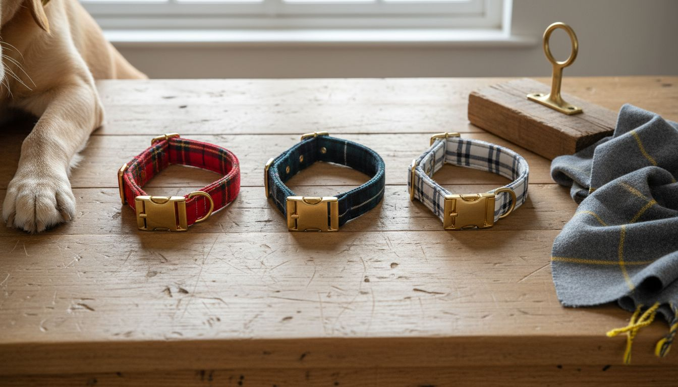 Selection of three tartan dog collars on table