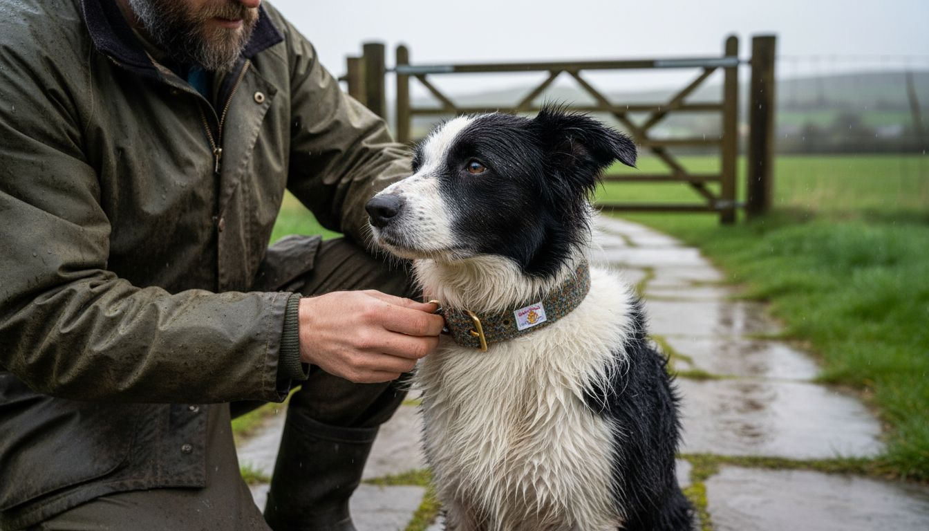 Dog wearing Harris Tweed collar outdoors