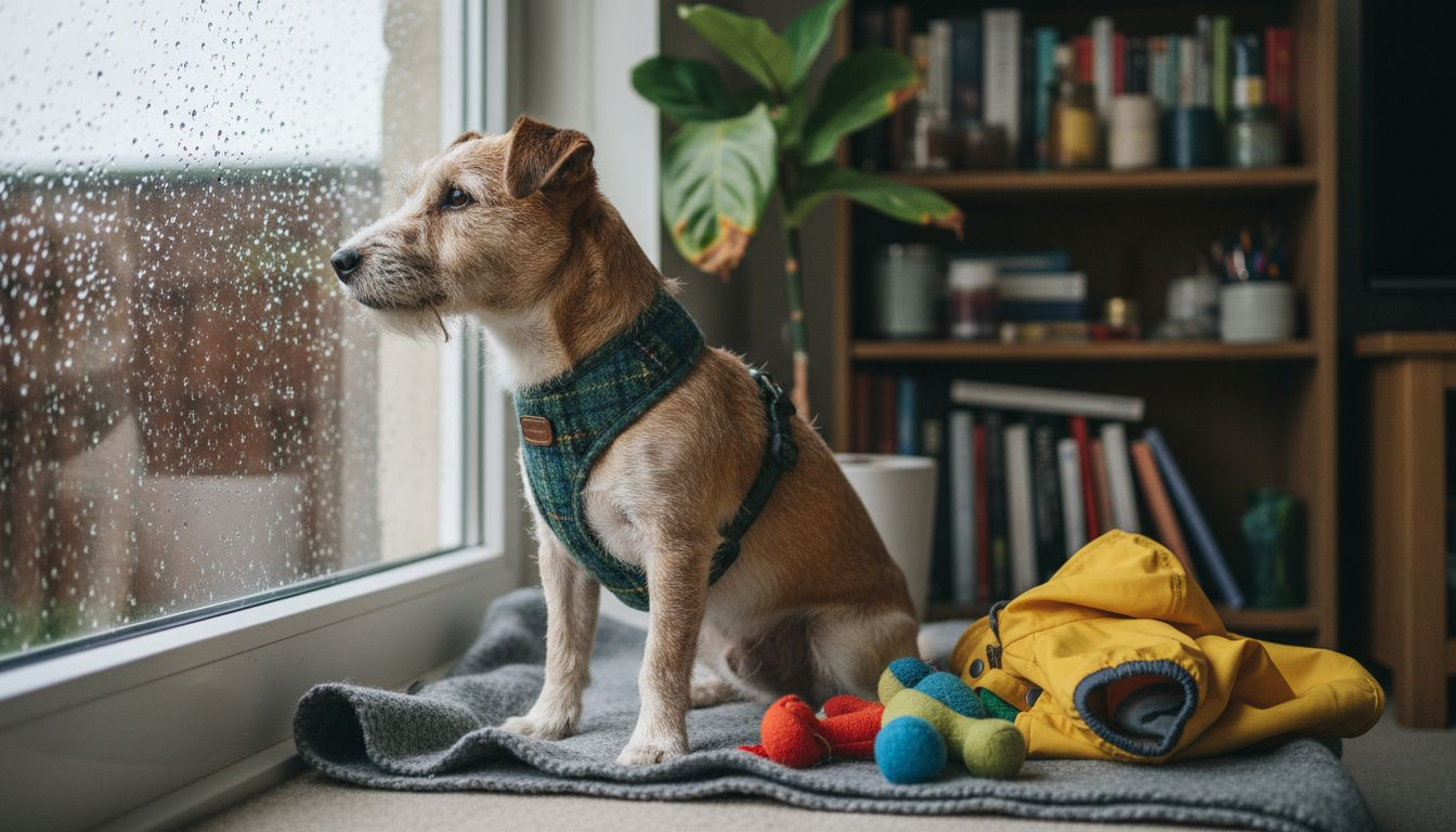 Terrier wears Harris tweed harness indoors