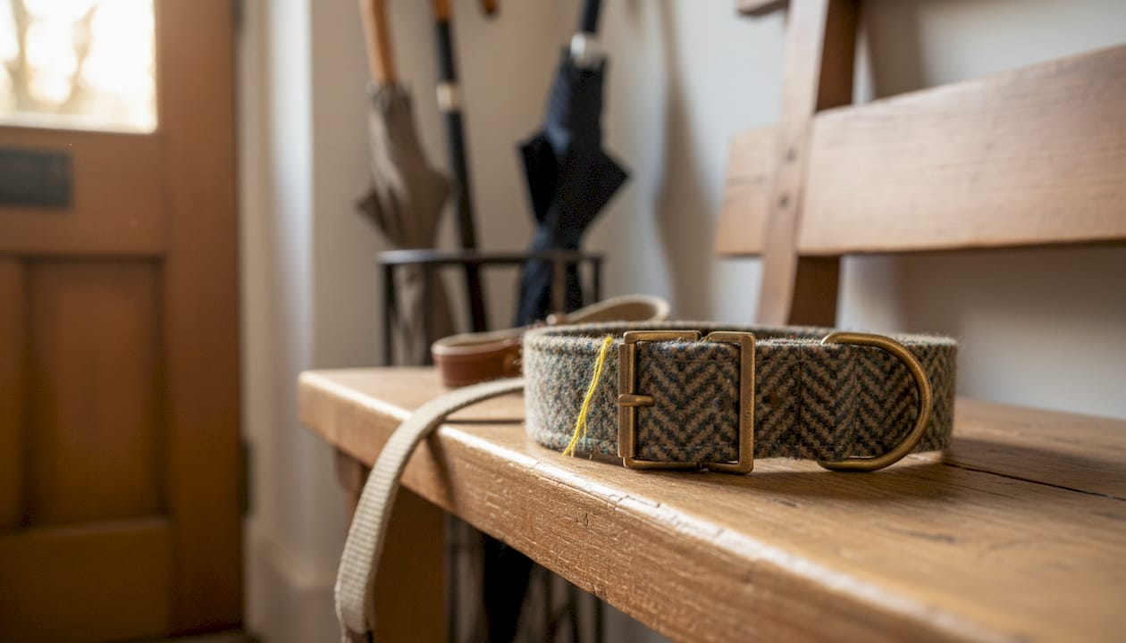 Close-up of Harris tweed dog collar