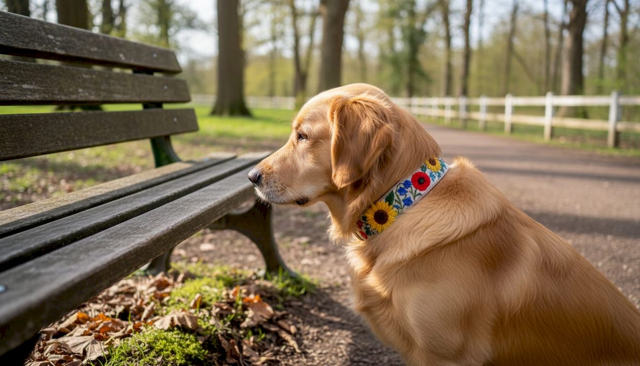 Dog wearing handcrafted collar in park setting