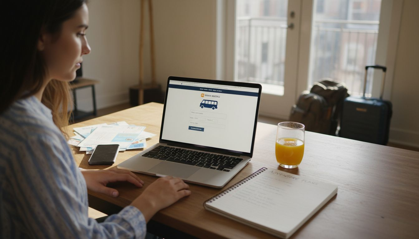 Woman reserving group car rental on laptop