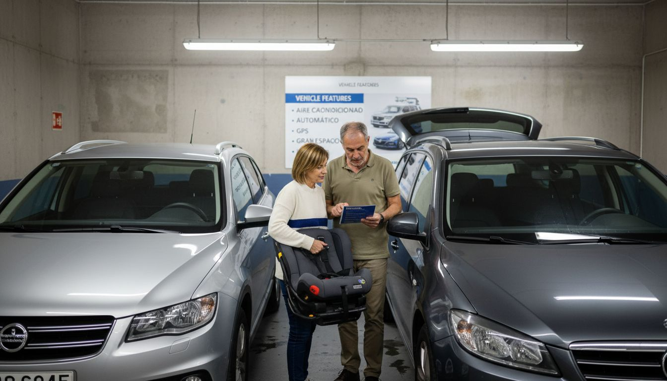 Parents comparing two family rental cars