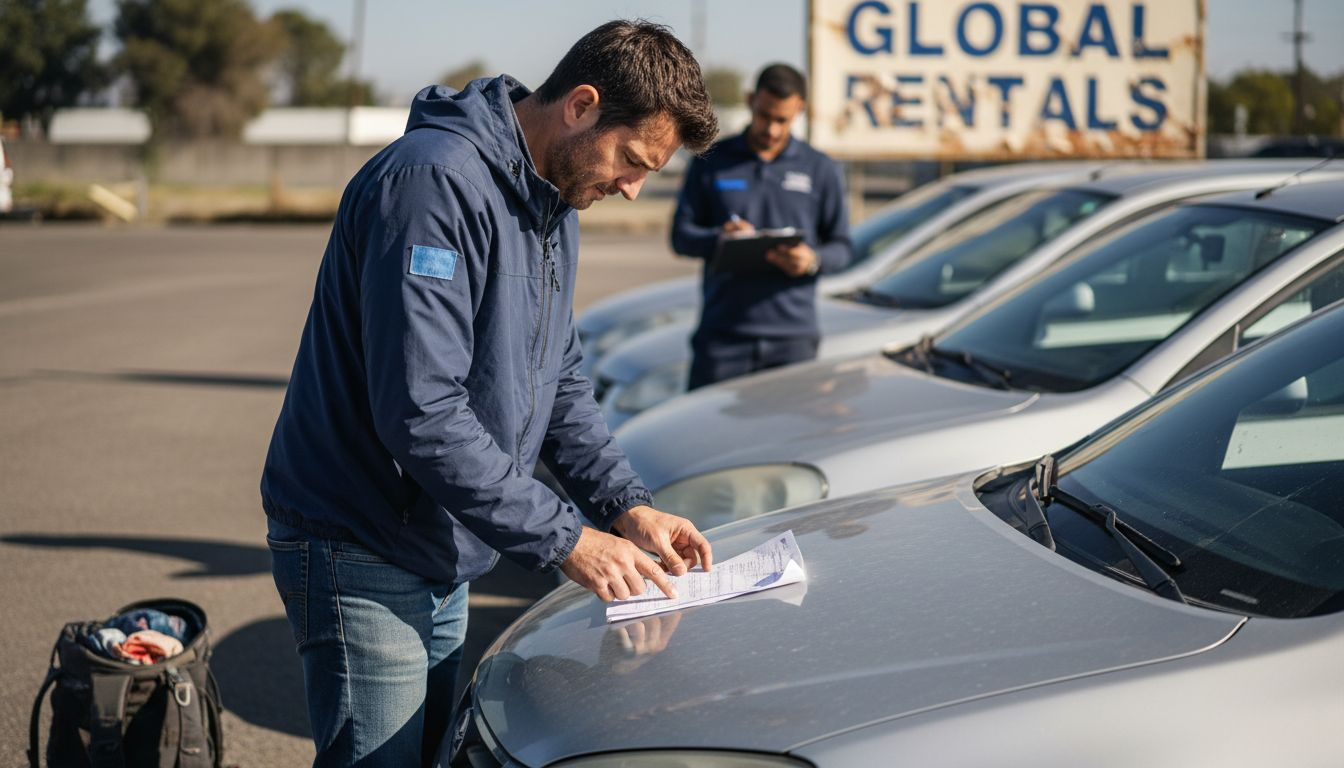 Customer reviewing rental agreement by car