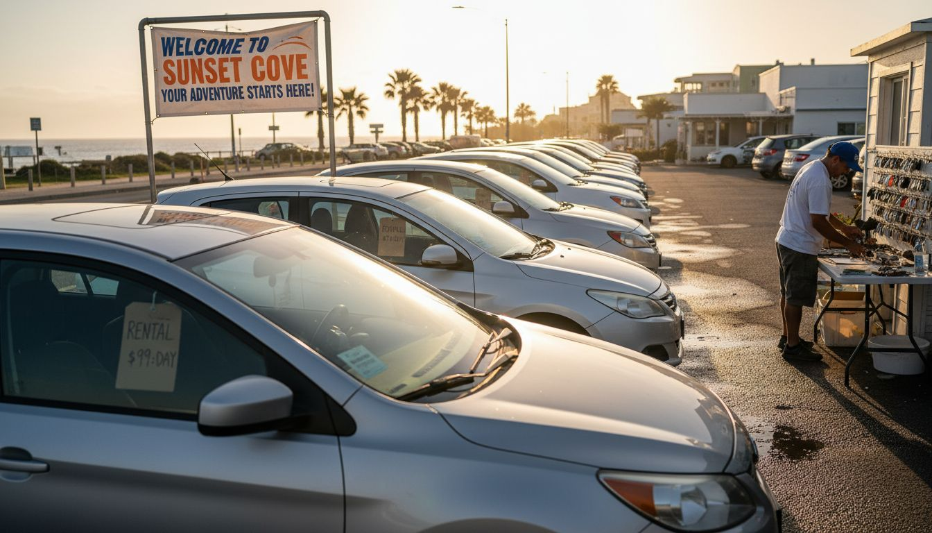 Rental cars in lot, seasonal tourist location