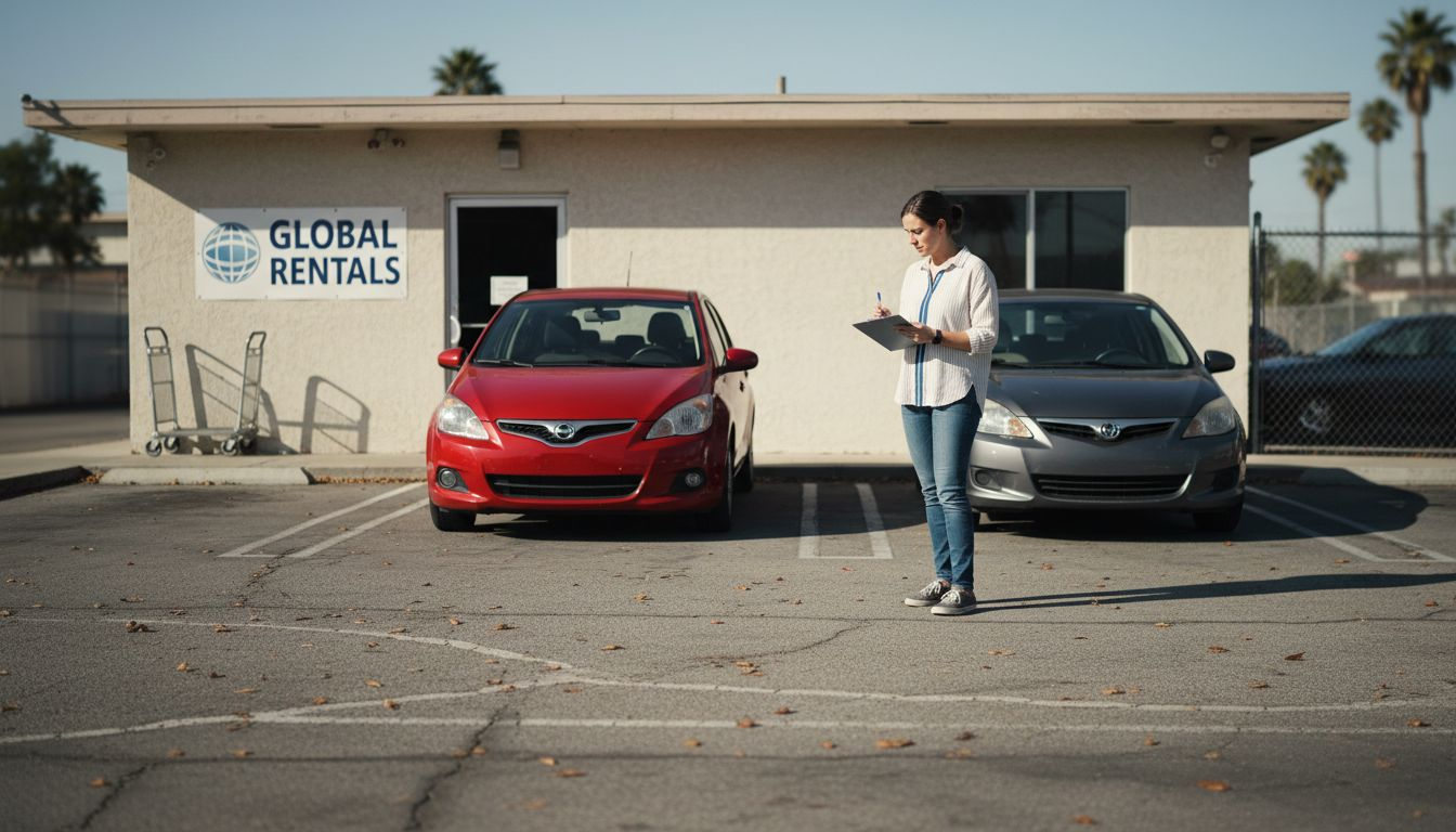 Customer inspects compact cars on rental lot