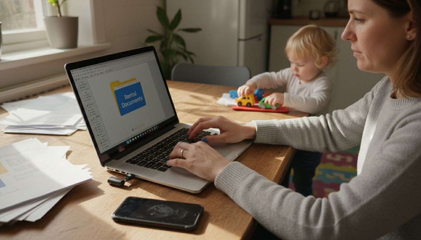 Woman digitizing car rental paperwork at home