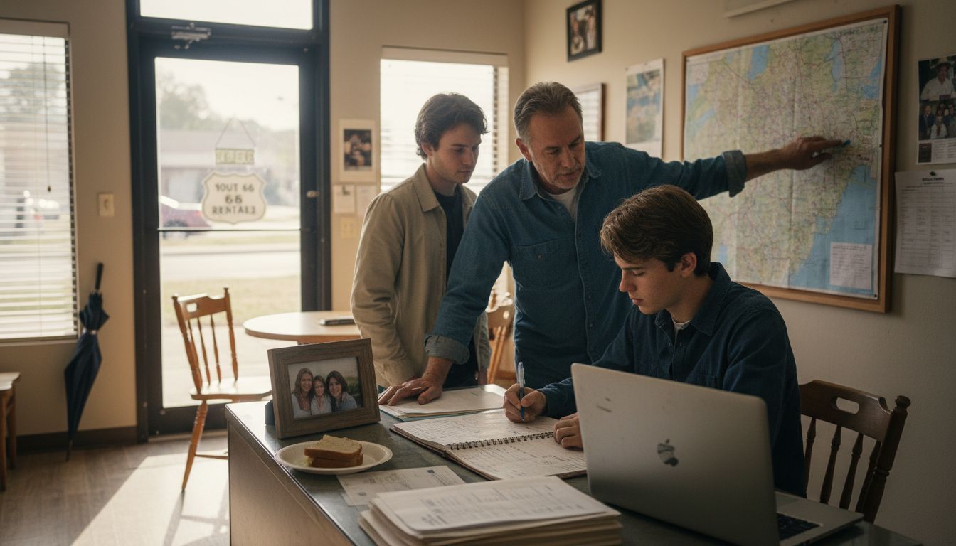 Local car rental office staff assisting traveler