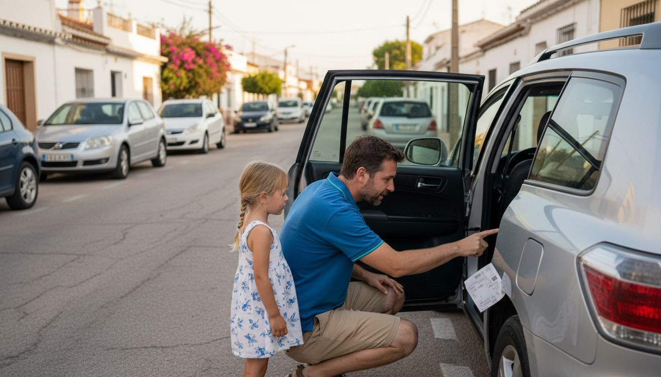 Father inspects child seat in rental SUV