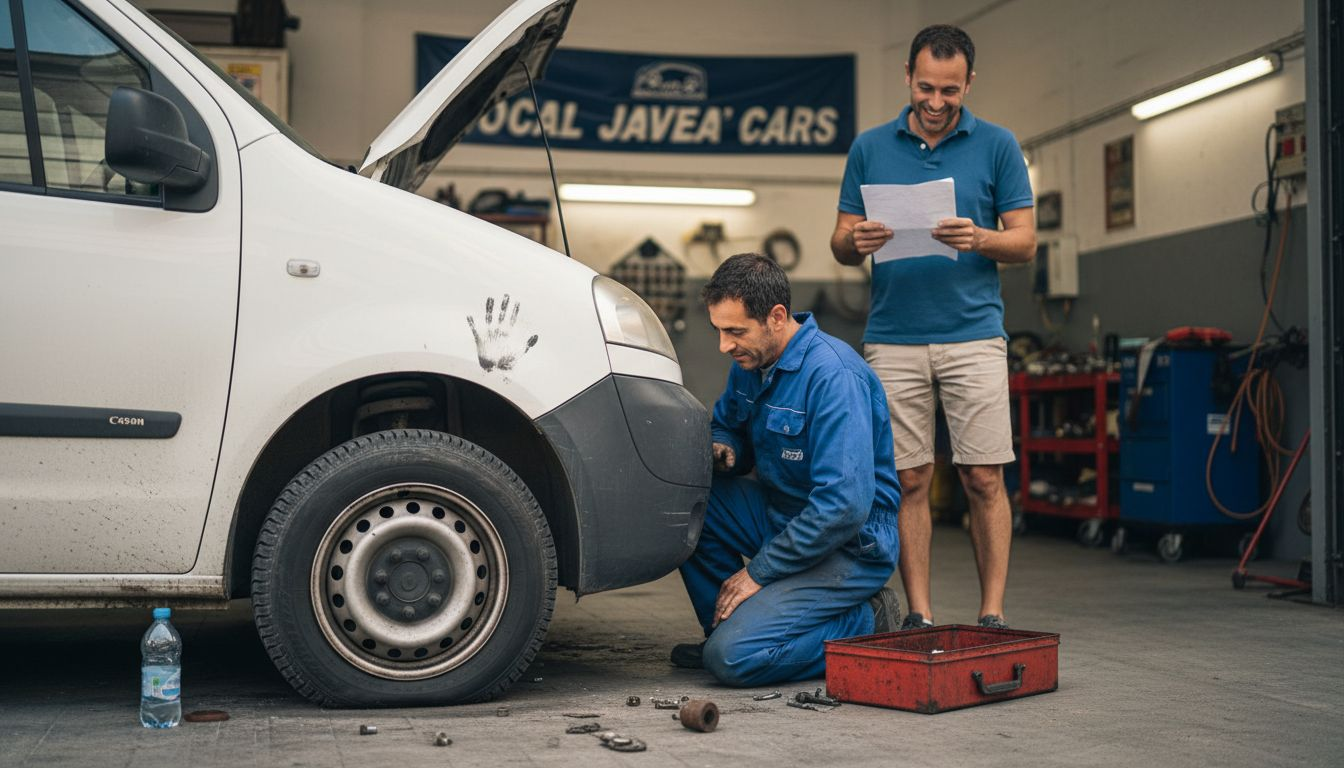 Mechanic assisting customer with flat tire