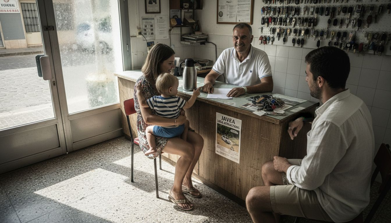 Couple and agent at Javea car rental office