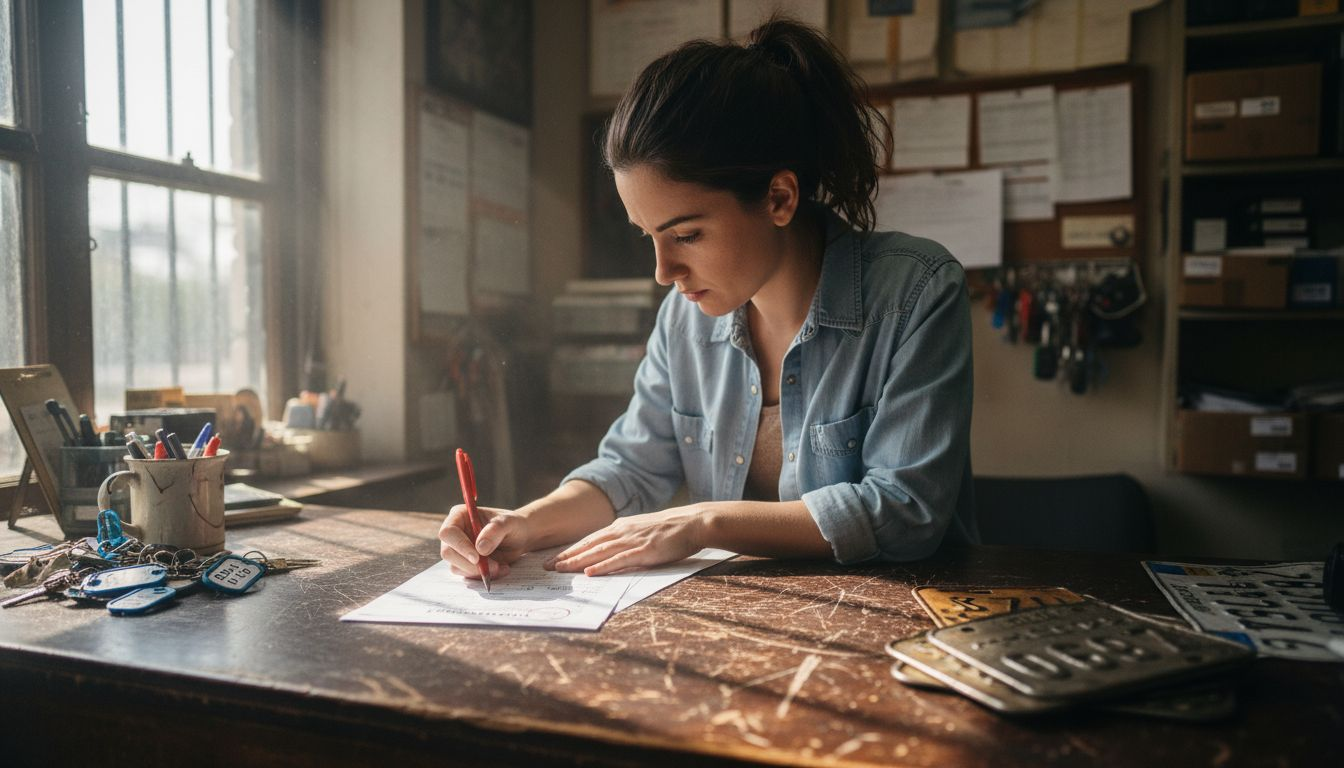 Agent reviewing rental contract and marking paperwork
